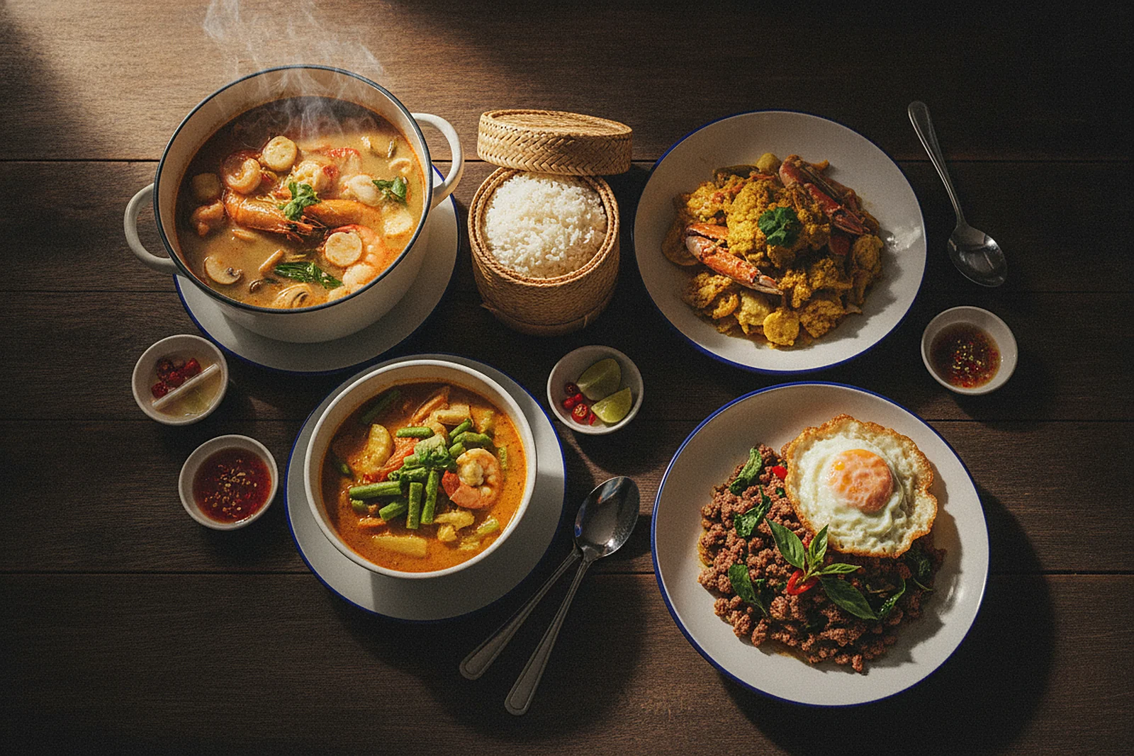 สำรับอาหารไทยฮาลาลของช้อนแกง — ต้มยำกุ้ง ผัดกะเพราเนื้อไข่ดาว ปูผัดผงกะหรี่ และแกงส้ม