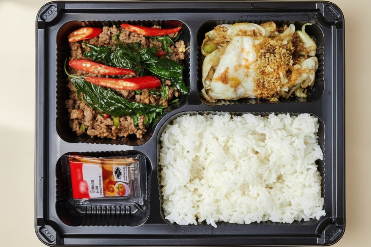ชุดอิ่มเอม ข ของช้อนแกง — กะเพราเนื้อโคขุนบด ผัดผัก และข้าวหอมมะลิ